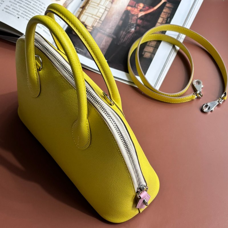 ::HERMES:: 萊姆黃拼色粉白拉鍊柏莉包 Bolide 25-3