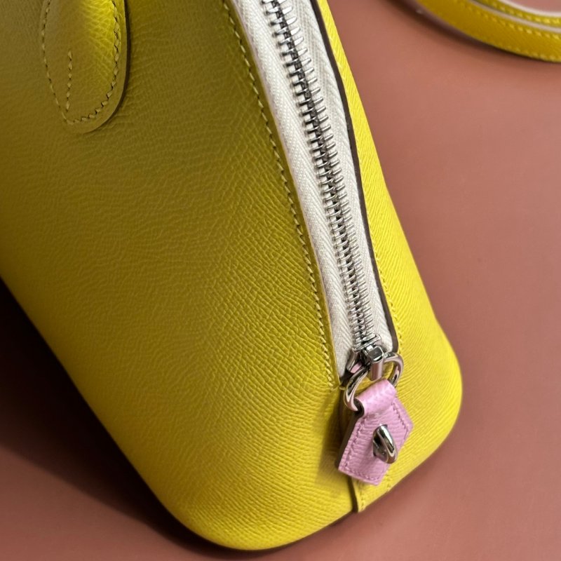 ::HERMES:: 萊姆黃拼色粉白拉鍊柏莉包 Bolide 25-4