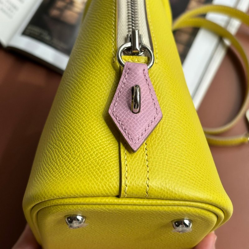 ::HERMES:: 萊姆黃拼色粉白拉鍊柏莉包 Bolide 25-9