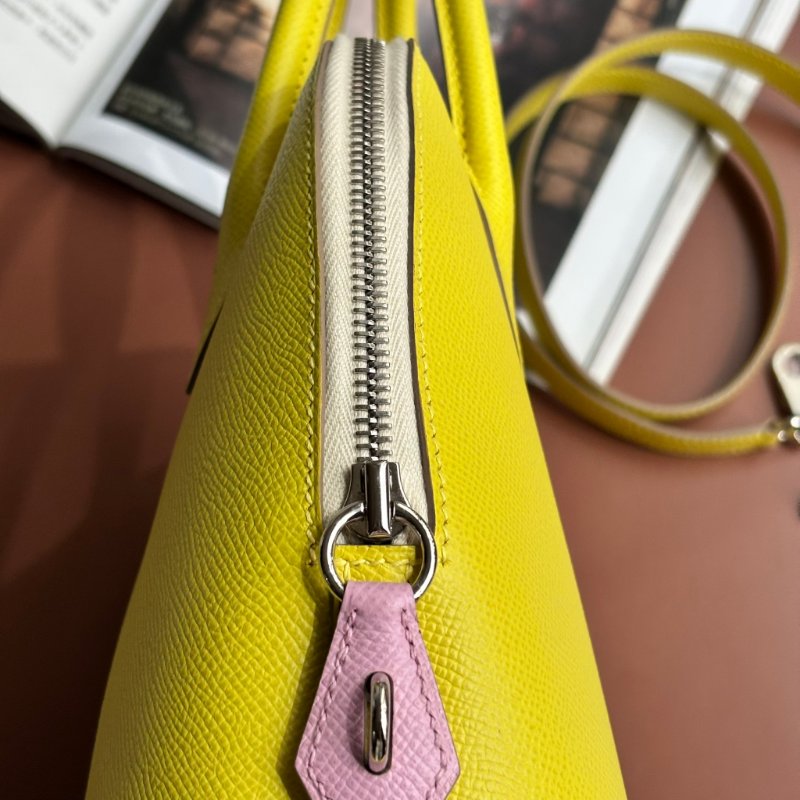 ::HERMES:: 萊姆黃拼色粉白拉鍊柏莉包 Bolide 25-10