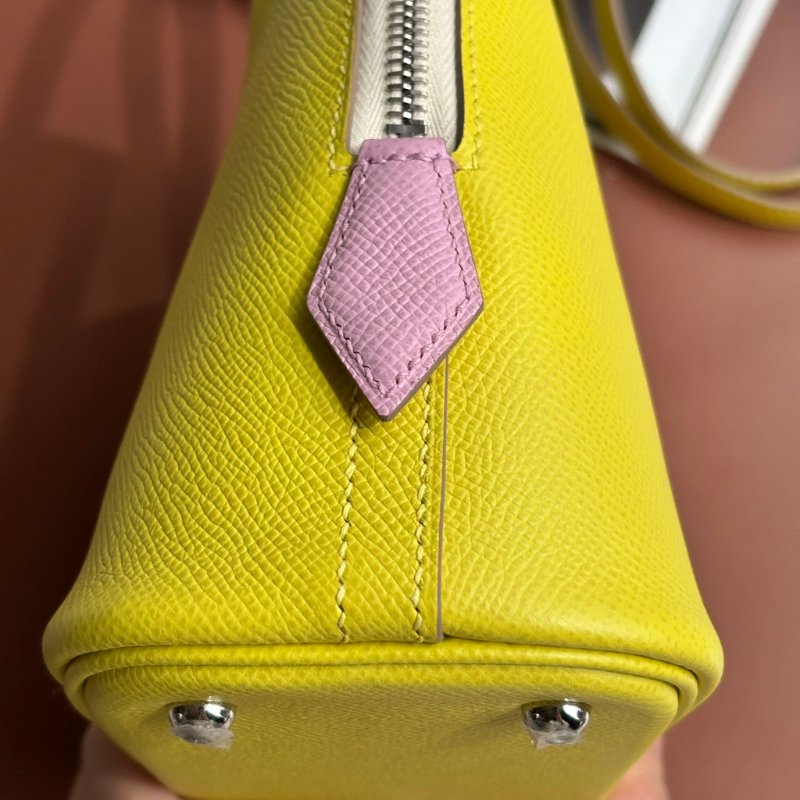::HERMES:: 萊姆黃拼色粉白拉鍊柏莉包 Bolide 25-11