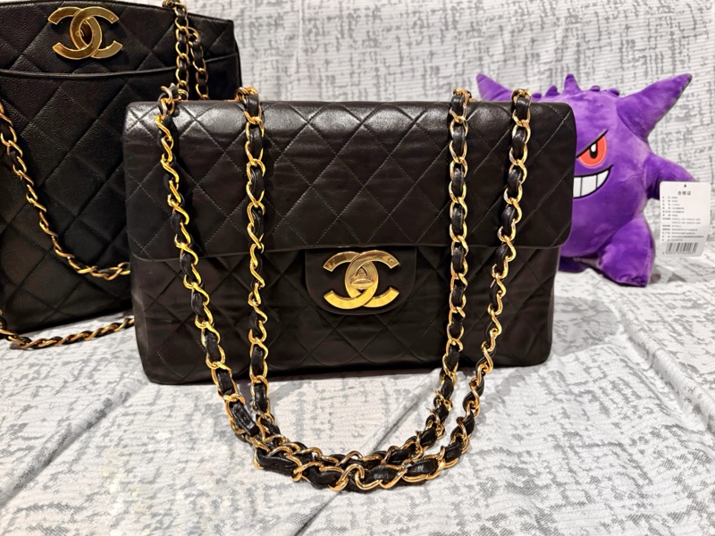 22弄 Chanel vintage 老香 古董包 黑金 羊皮 貝嫂包 maxi 34cm-1
