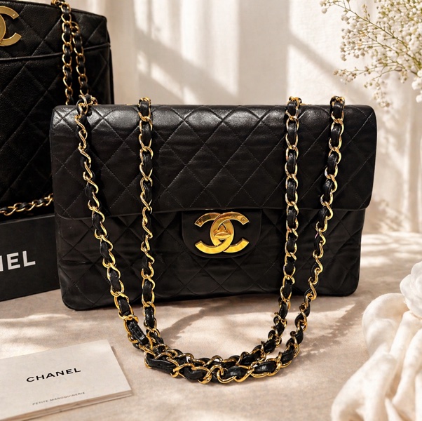 22弄 Chanel vintage 老香 古董包 黑金 羊皮 貝嫂包 maxi 34cm-2