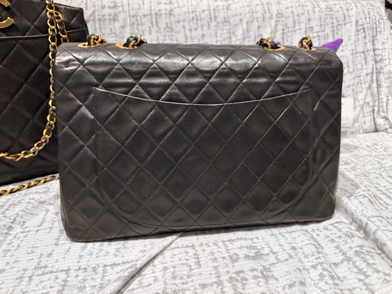 22弄 Chanel vintage 老香 古董包 黑金 羊皮 貝嫂包 maxi 34cm-8