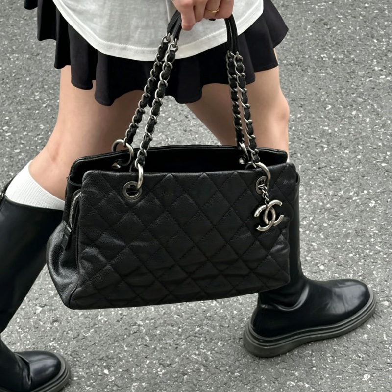 CHANEL香奈兒vintage系列經典黑銀荔枝皮單肩手提托特包🧳-1