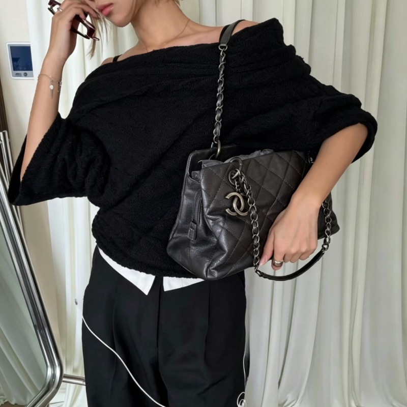 CHANEL香奈兒vintage系列經典黑銀荔枝皮單肩手提托特包🧳-2