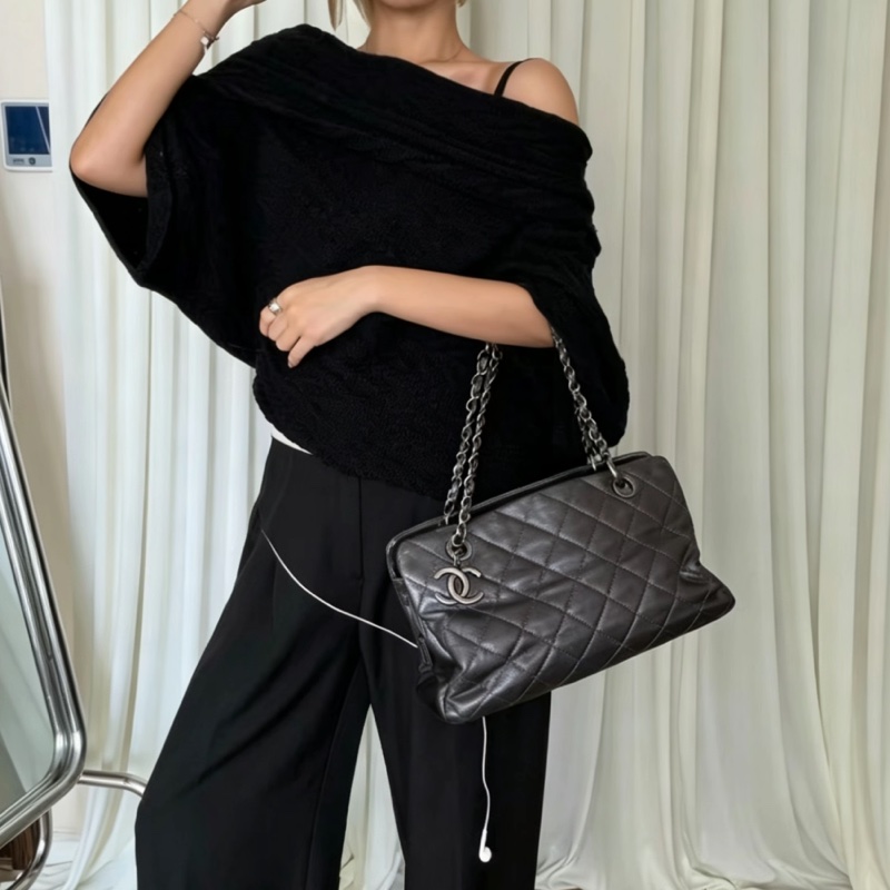 CHANEL香奈兒vintage系列經典黑銀荔枝皮單肩手提托特包🧳-4