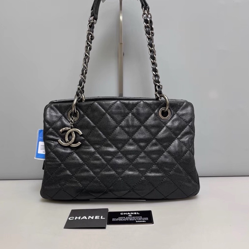 CHANEL香奈兒vintage系列經典黑銀荔枝皮單肩手提托特包🧳-10