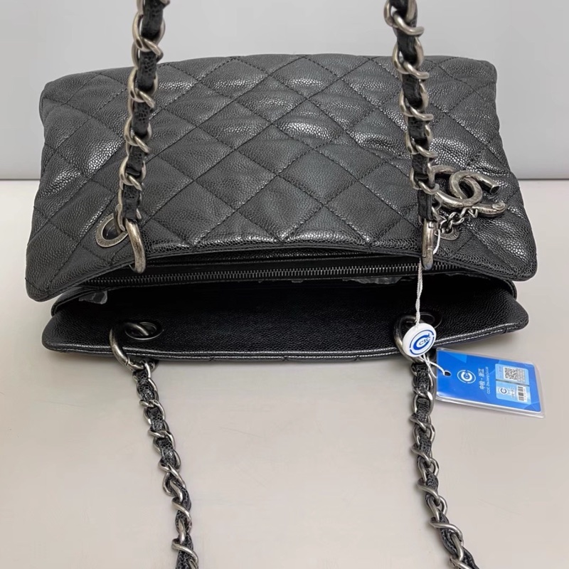 CHANEL香奈兒vintage系列經典黑銀荔枝皮單肩手提托特包🧳-16