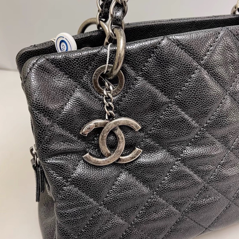 CHANEL香奈兒vintage系列經典黑銀荔枝皮單肩手提托特包🧳-17