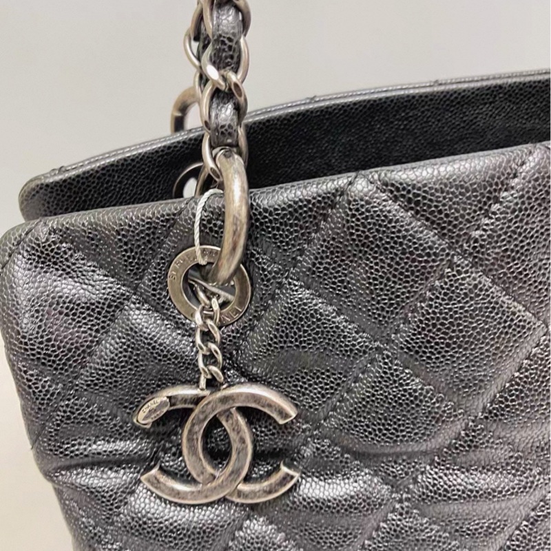 CHANEL香奈兒vintage系列經典黑銀荔枝皮單肩手提托特包🧳-23