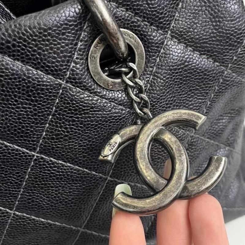 CHANEL香奈兒vintage系列經典黑銀荔枝皮單肩手提托特包🧳-24