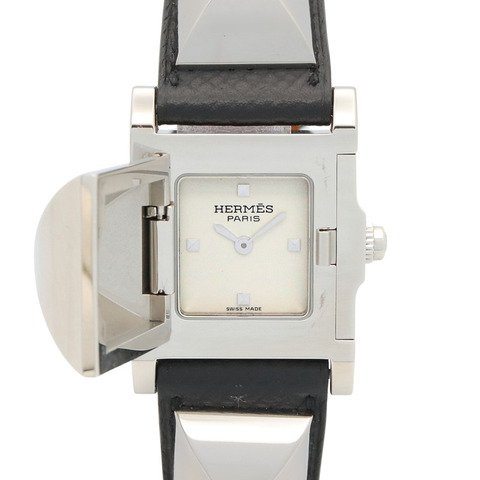 愛馬仕 Medor 女士腕錶，不鏽鋼錶殼配皮錶帶，銀色，型號 ME3.210