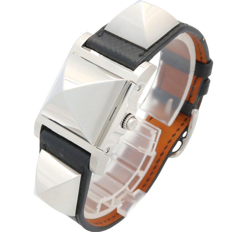 愛馬仕 Medor 女士腕錶，不鏽鋼錶殼配皮錶帶，銀色，型號 ME3.210-3