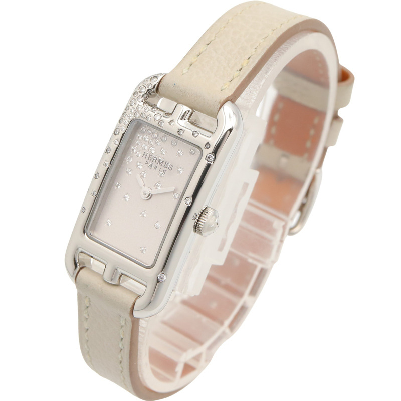 愛馬仕 Nantucket Mini Jeté de Diamant 腕錶，不鏽鋼錶殼，鑲鑽，皮革錶帶，女士款，銀色，NA2.131-1