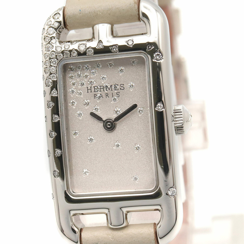 愛馬仕 Nantucket Mini Jeté de Diamant 腕錶，不鏽鋼錶殼，鑲鑽，皮革錶帶，女士款，銀色，NA2.131-2