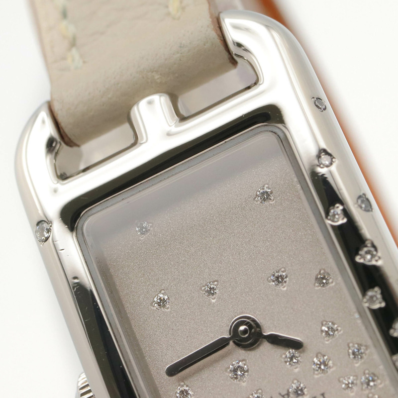 愛馬仕 Nantucket Mini Jeté de Diamant 腕錶，不鏽鋼錶殼，鑲鑽，皮革錶帶，女士款，銀色，NA2.131-11