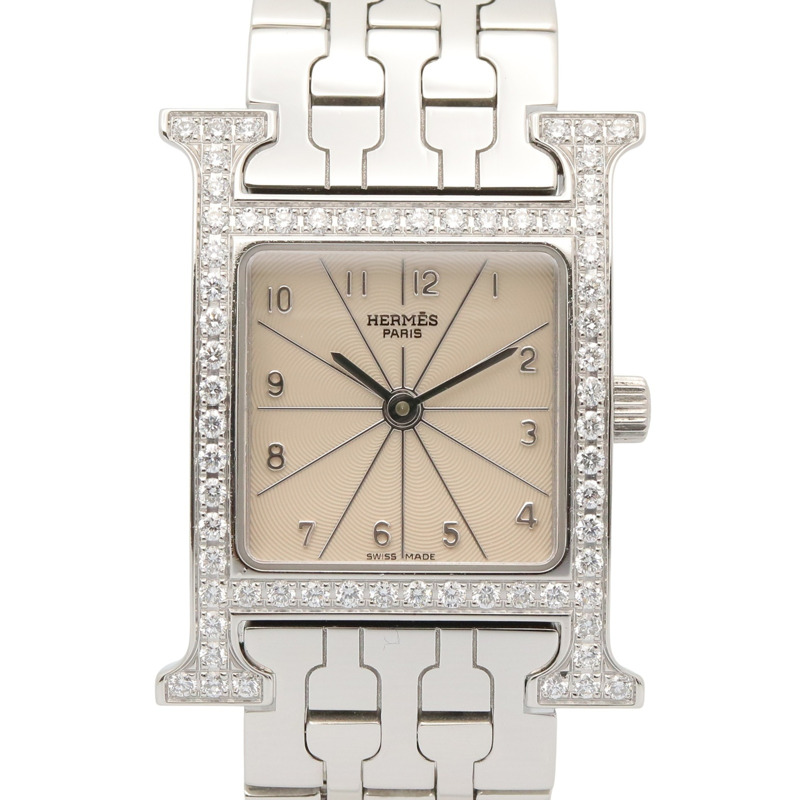 愛馬仕 H 系列腕錶，鑲鑽錶圈，不鏽鋼材質，女錶，銀色，型號 HH1.230-0