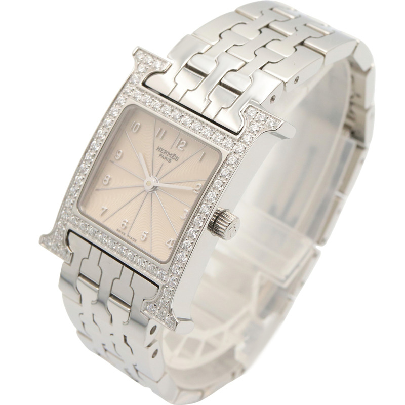 愛馬仕 H 系列腕錶，鑲鑽錶圈，不鏽鋼材質，女錶，銀色，型號 HH1.230-1