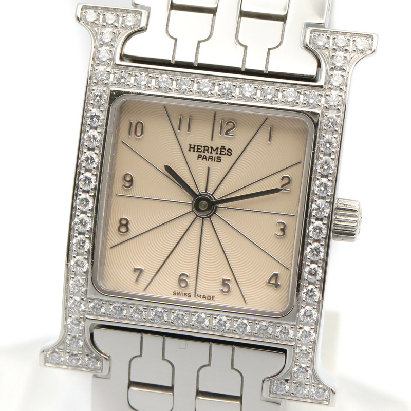 愛馬仕 H 系列腕錶，鑲鑽錶圈，不鏽鋼材質，女錶，銀色，型號 HH1.230-2