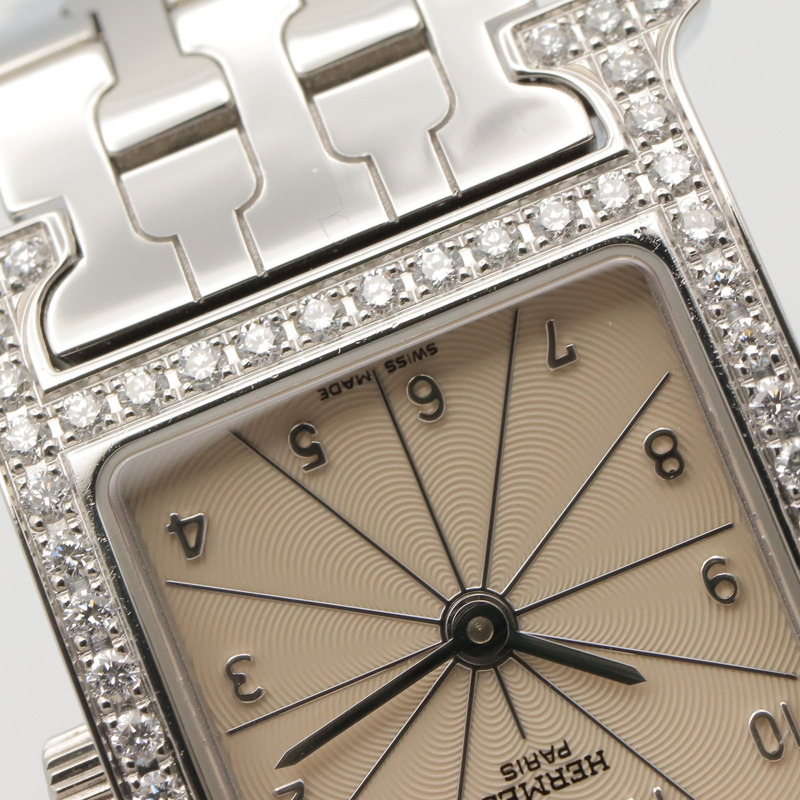 愛馬仕 H 系列腕錶，鑲鑽錶圈，不鏽鋼材質，女錶，銀色，型號 HH1.230-9