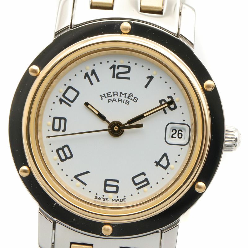 愛馬仕 Clipper 系列腕錶，鍍金不鏽鋼材質，女士款，白色，CL4.220-2