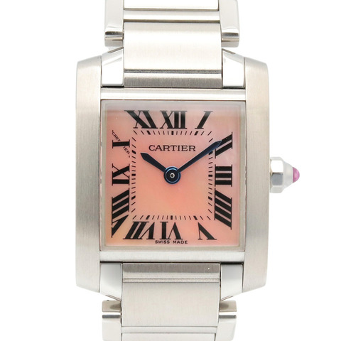 卡地亞 Tank Française SM 女士腕錶，不鏽鋼材質，粉紅錶殼，型號 W51028Q3
