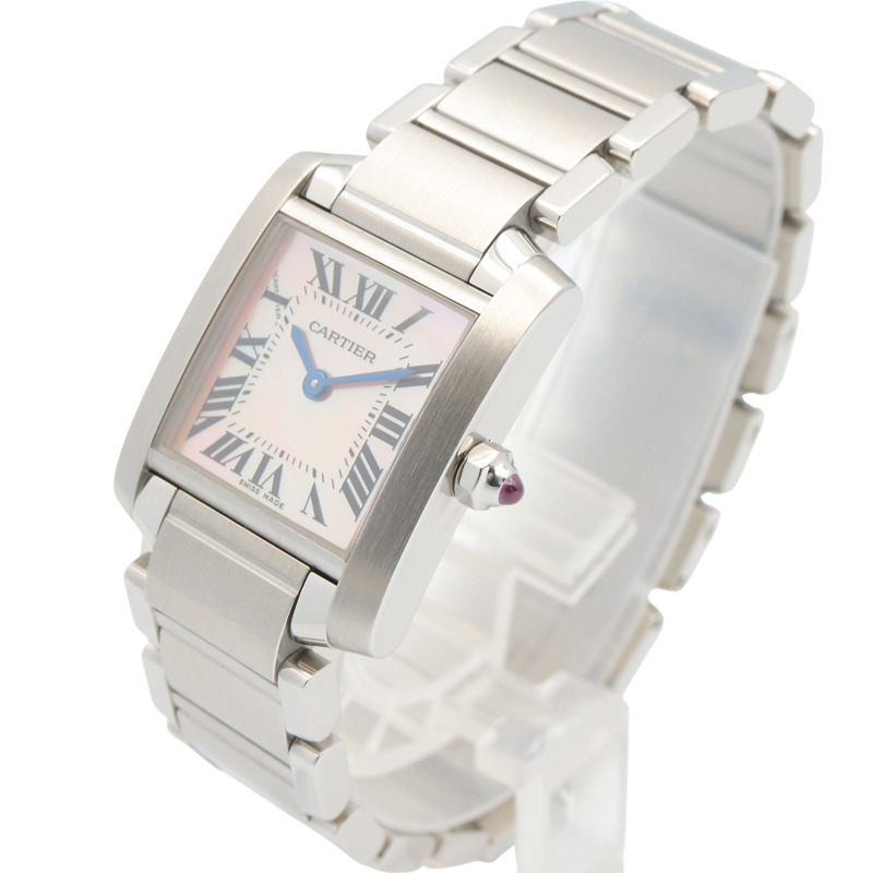 卡地亞 Tank Française SM 女士腕錶，不鏽鋼材質，粉紅錶殼，型號 W51028Q3-1