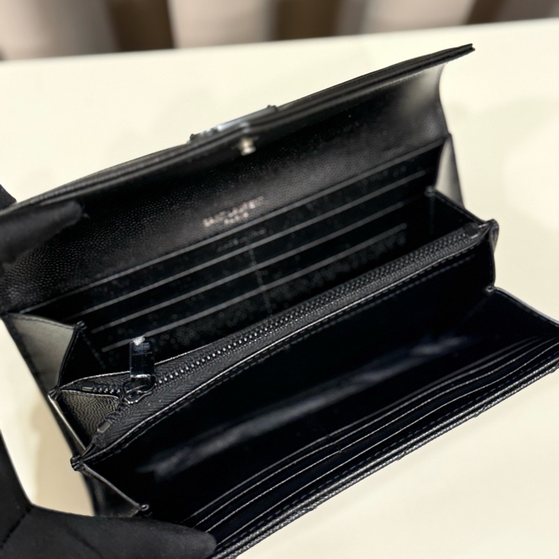 （極新甜價美包）SAINT LAURENT YSL聖羅蘭 黑色牛皮山形紋扣式長夾-5