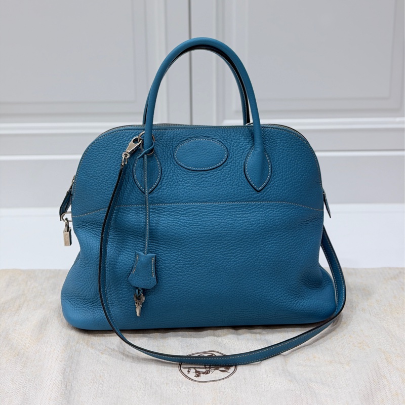 hermes 愛馬仕 bolide 35 松石藍 牛仔藍 保齡包 手提包 肩背包 側背包 斜背包-0