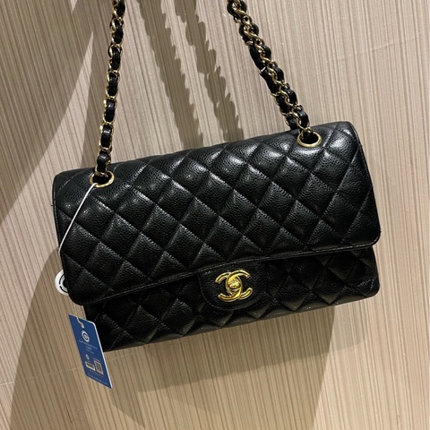 Chanel 香奈兒cf中號黑金荔枝紋牛皮