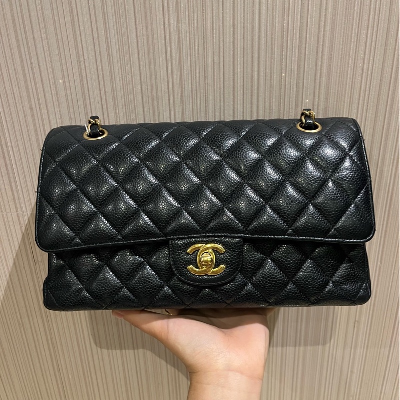 Chanel 香奈兒cf中號黑金荔枝紋牛皮-1