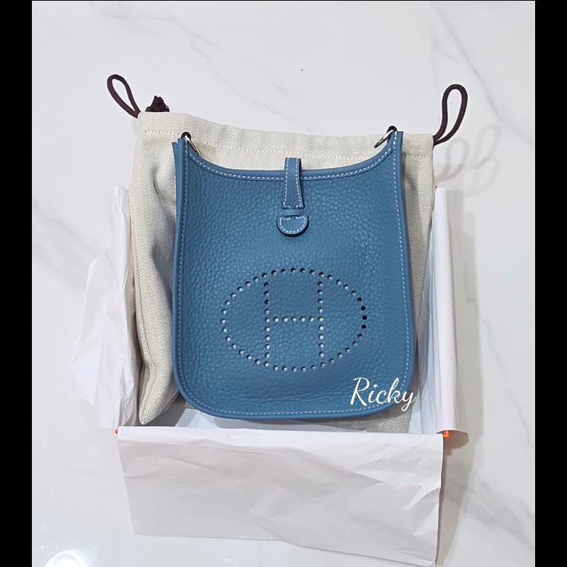 全新全配 Hermes 愛馬仕 mini Evelyne 牛仔籃銀釦 K刻-0