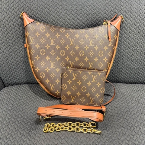 98新 路易威登/Louis Vuitton Loop Hobo 經典老花滿印帆布 豌豆包/月亮包