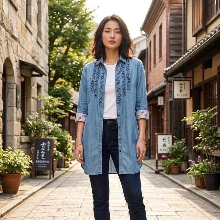 BURBERRY 藍標 荷葉滾邊天絲反折格紋袖長版上衣-0