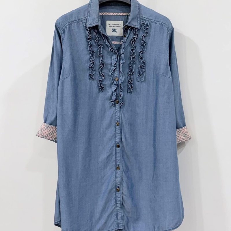 BURBERRY 藍標 荷葉滾邊天絲反折格紋袖長版上衣-1