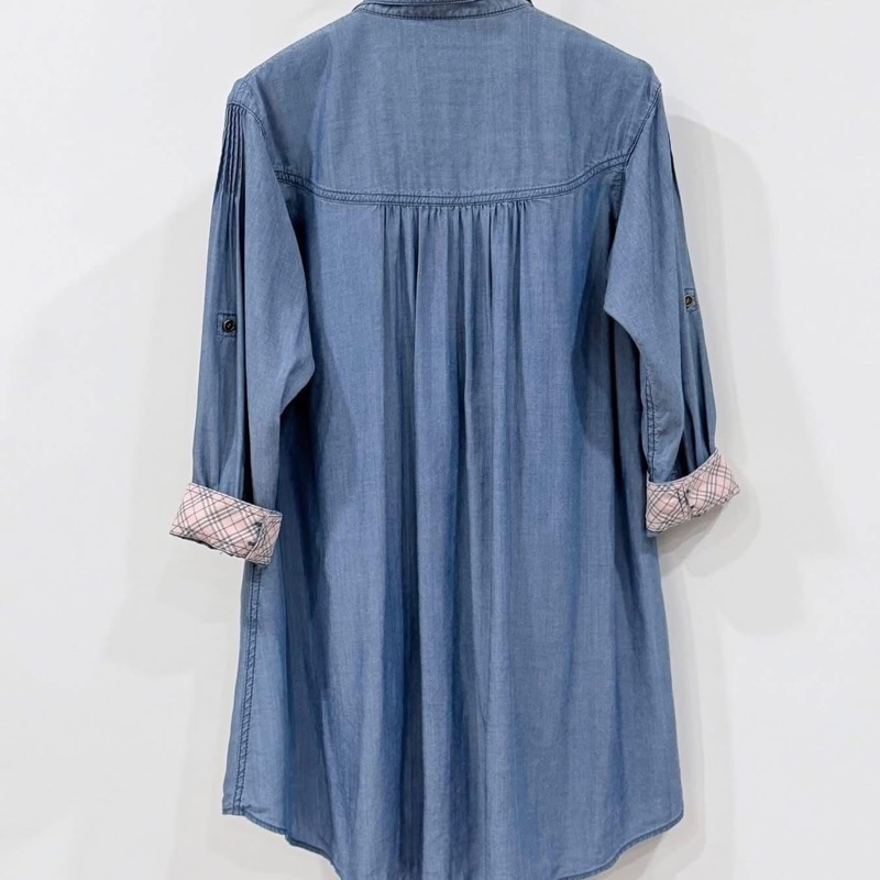 BURBERRY 藍標 荷葉滾邊天絲反折格紋袖長版上衣-2