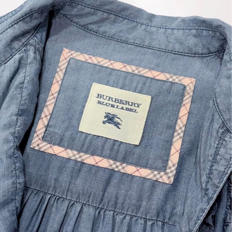 BURBERRY 藍標 荷葉滾邊天絲反折格紋袖長版上衣-3