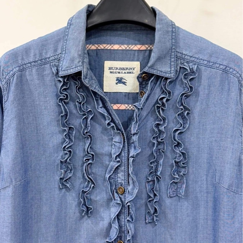 BURBERRY 藍標 荷葉滾邊天絲反折格紋袖長版上衣-4