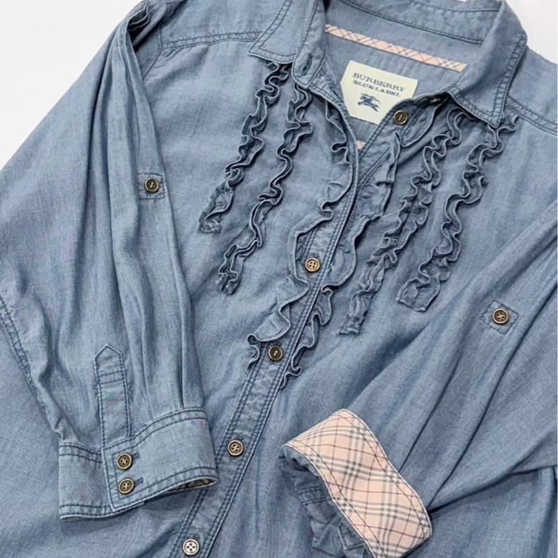 BURBERRY 藍標 荷葉滾邊天絲反折格紋袖長版上衣-5