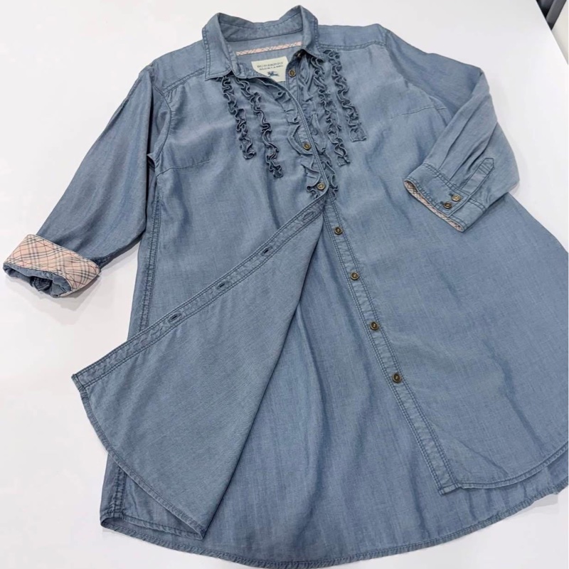 BURBERRY 藍標 荷葉滾邊天絲反折格紋袖長版上衣-6