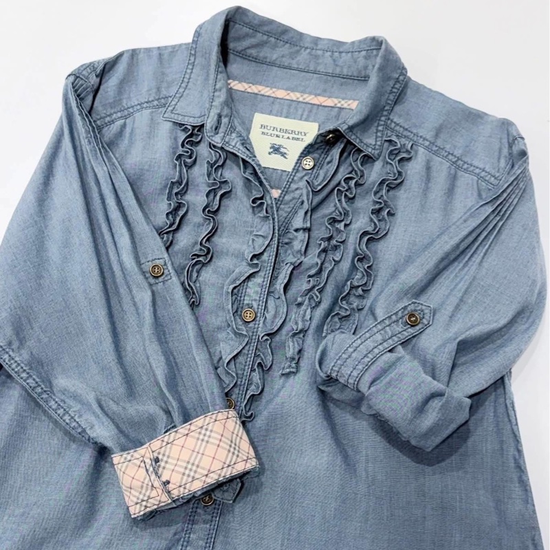 BURBERRY 藍標 荷葉滾邊天絲反折格紋袖長版上衣-7