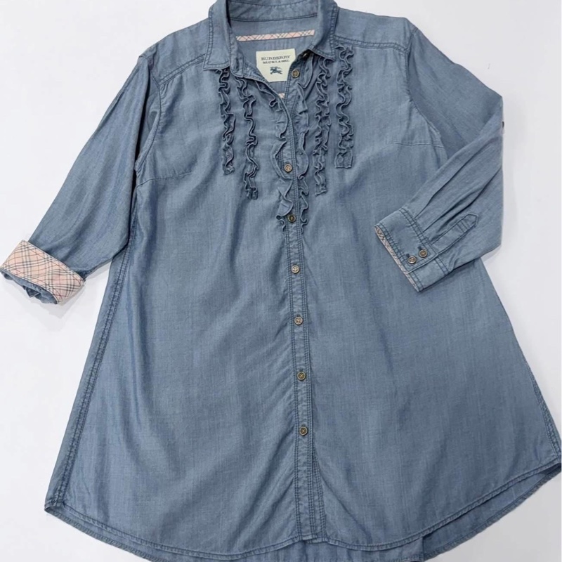 BURBERRY 藍標 荷葉滾邊天絲反折格紋袖長版上衣-8