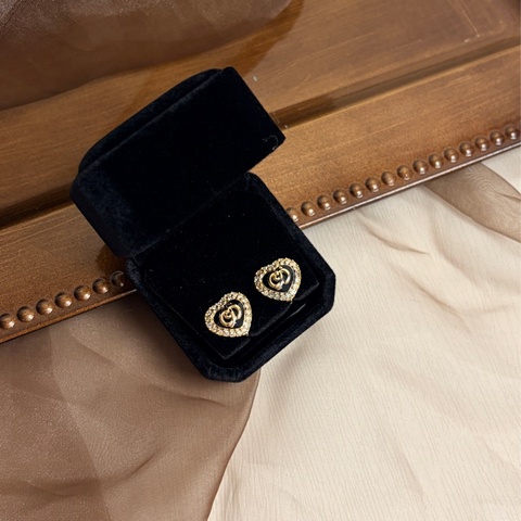 Dior 迪奧 愛心耳夾 耳釘 黑色 鍍金 水鑽