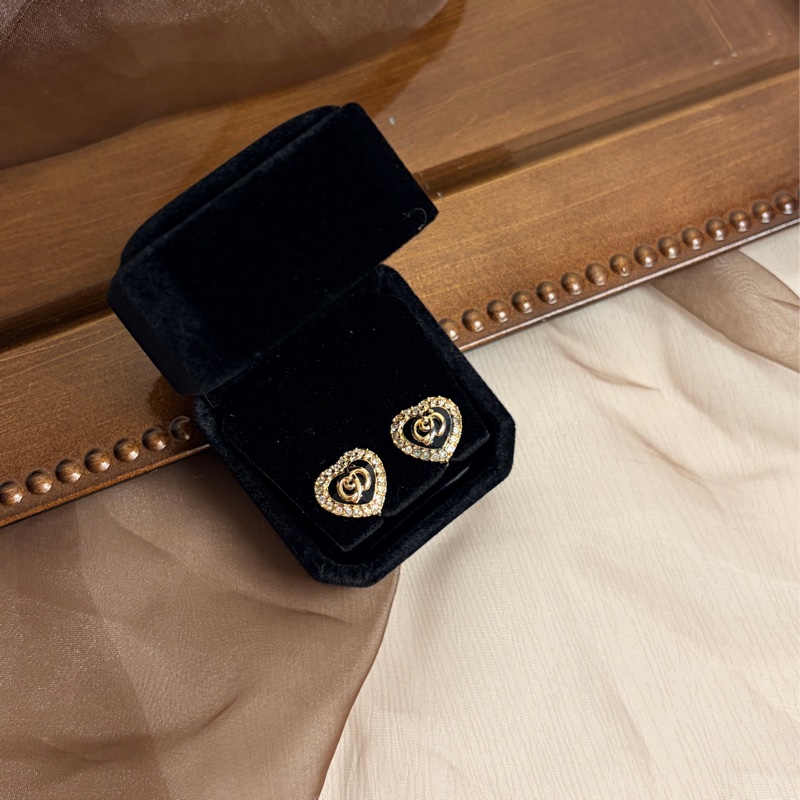 Dior 迪奧 愛心耳夾 耳釘 黑色 鍍金 水鑽-0