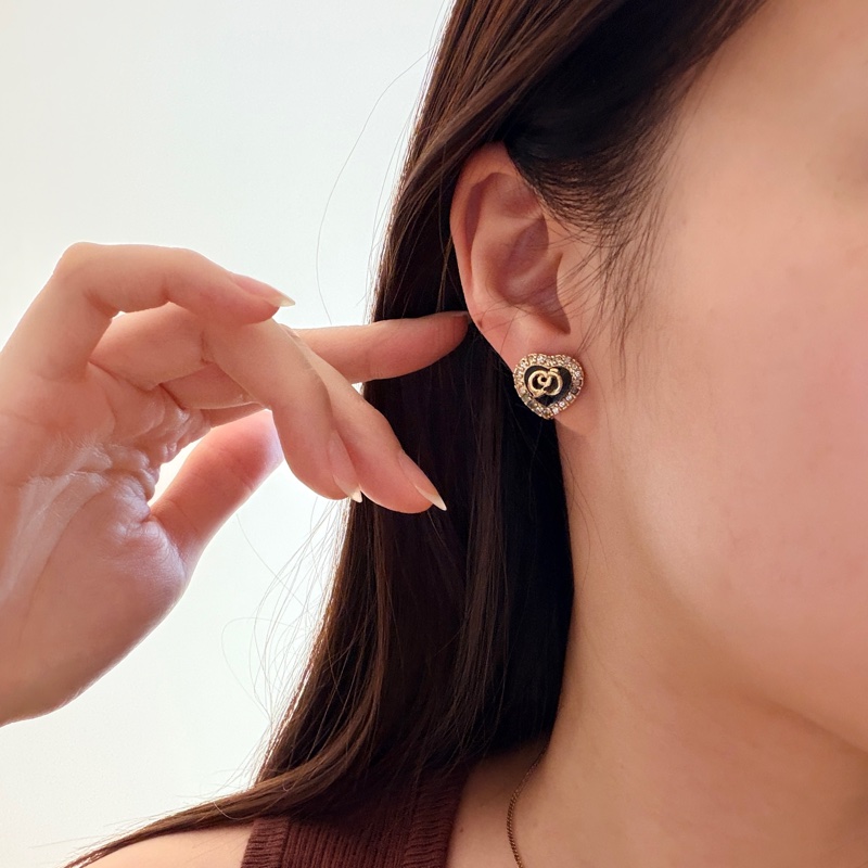 Dior 迪奧 愛心耳夾 耳釘 黑色 鍍金 水鑽-2