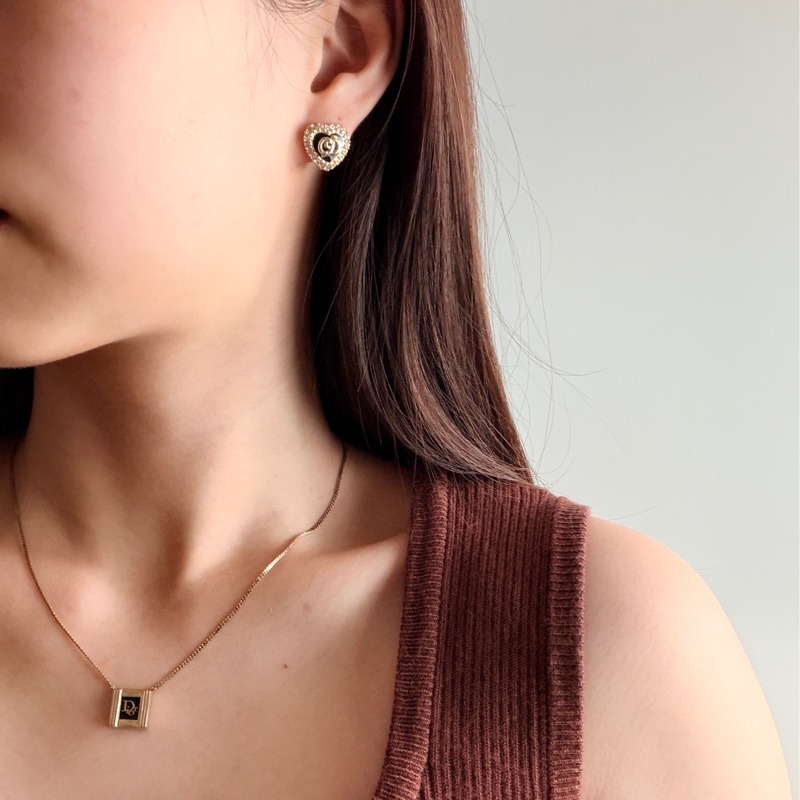 Dior 迪奧 愛心耳夾 耳釘 黑色 鍍金 水鑽-3