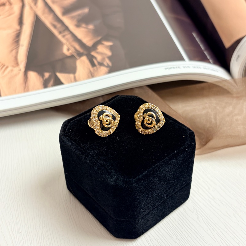 Dior 迪奧 愛心耳夾 耳釘 黑色 鍍金 水鑽-4