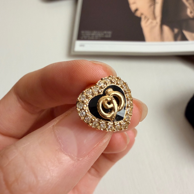 Dior 迪奧 愛心耳夾 耳釘 黑色 鍍金 水鑽-9