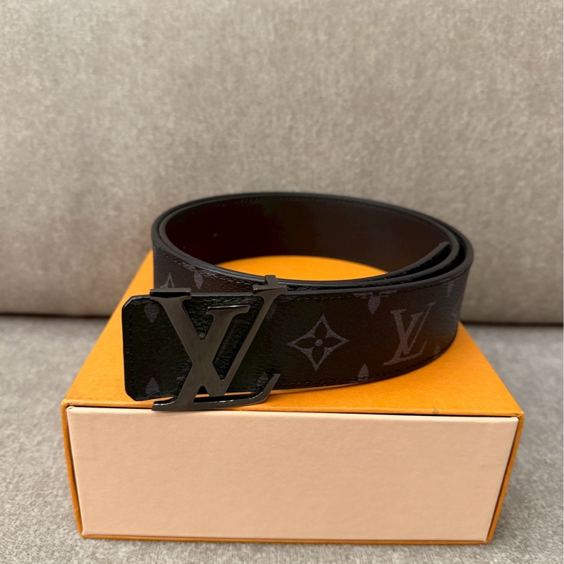 LV黑老花黑銀皮帶-0